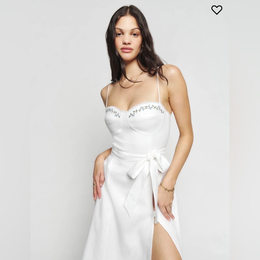 REFORMATION KIERYN WHITE LINEN MIDI DRESS SIZE 2